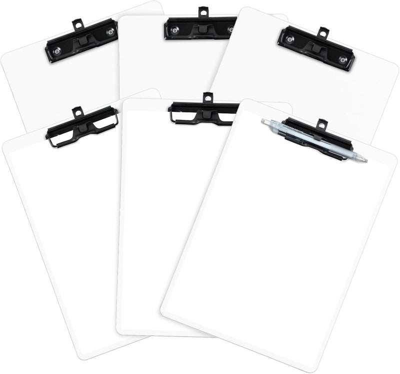 FRETONBA White Clipboard with Pen Holder, Set of 6 Plastic Clipboard with Low Profile Metal Clip, Hanging Clipboards Holds 8.5x11 Inch Papers, Standard A4 Letter Size Clip Boards for Office & School - Image 1